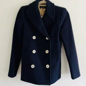 ZARA Navy Double Breasted Wool Blend Coat - S